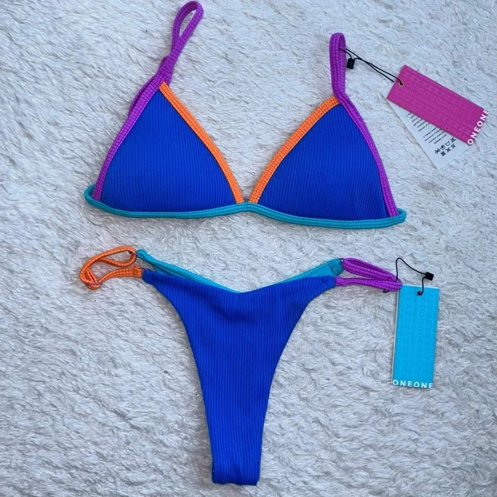 NWT OneOne Swimwear Bikini SET Blue Colorblock New Medium Small Skimpy